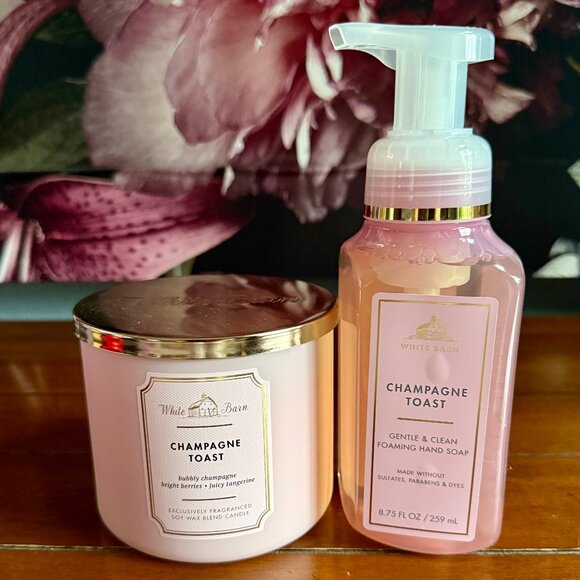 NEW 2-PC Bath & Body Works CHAMPAGNE TOAST 3-Wick Candle & Foaming Hand Soap - Picture 1 of 2